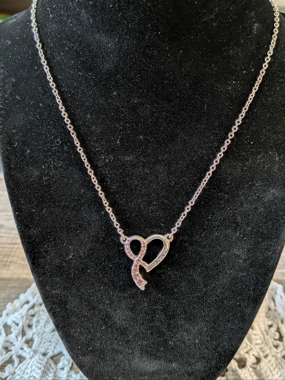 Hope Pink Heart Ribbon Heart Silver Necklace